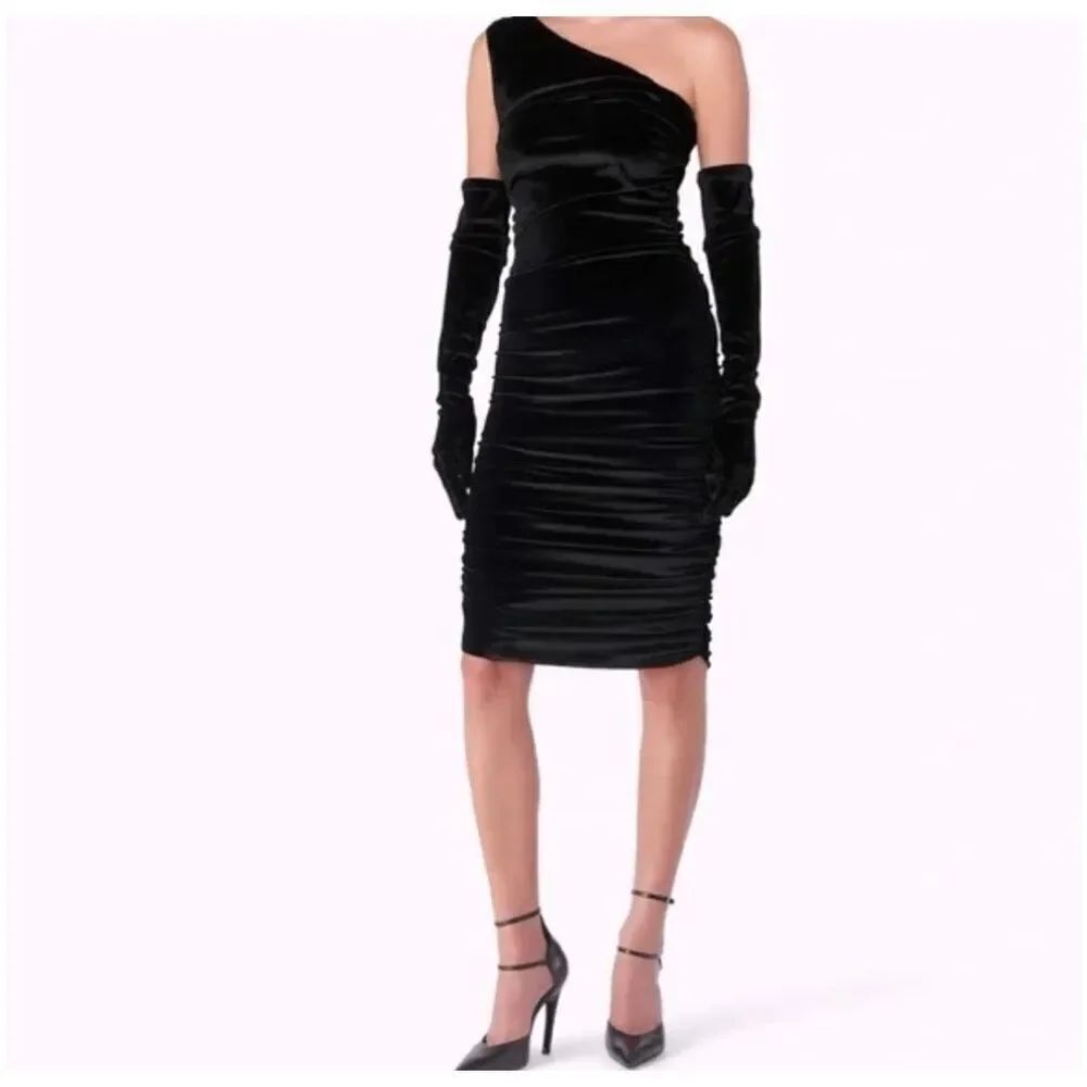 NWOT Miscreants London x Revolve Black Velvet One Shoulder Dress US 2 / UK 6